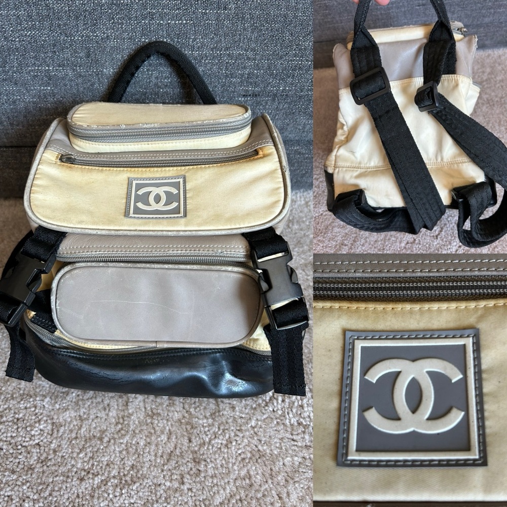 CHANEL Cream, Black & Gray Canvas Leather Backpack